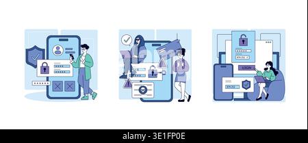 Vector illustration showing people interacting with digital security elements like passwords and login screens. Emphasizes cybersecurity with mobile devices and alert symbols. Stock Vector