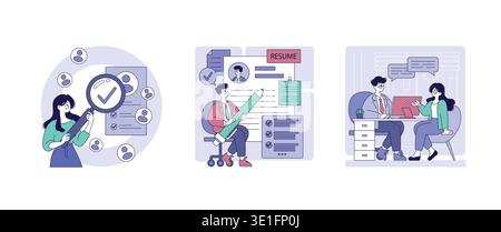 Vector illustration set depicting job recruitment with a woman analyzing applications, a man writing a resume, and an interview scene. Useful for HR, recruitment, and business themes. Stock Vector