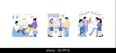 Vector illustration set depicting three office scenes of collaboration, teamwork, and celebration. People working together on laptops, discussing documents, and celebrating achievements. Stock Vector