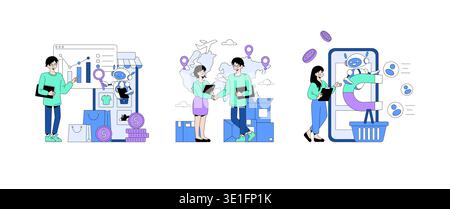 Vector illustration showcasing e-commerce elements with digital charts, global shipping, and customer engagement. Features diverse characters interacting with shopping and analytics tools. Stock Vector