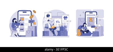 Vector illustration depicting people engaging in online shopping on various devices, showcasing product selections and purchase activities. Modern e-commerce concept with digital transactions. Stock Vector