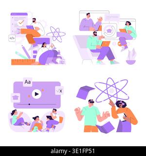 Vector illustration depicting online learning and collaboration. People engage in digital classrooms, share ideas through technology, and explore virtual reality in an educational setting. Stock Vector