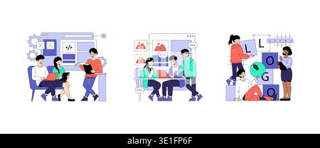 Three scenes of teamwork in web design, featuring people discussing coding, content, and logo creation. Vector illustration showing collaboration, creativity, and communication skills. Stock Vector