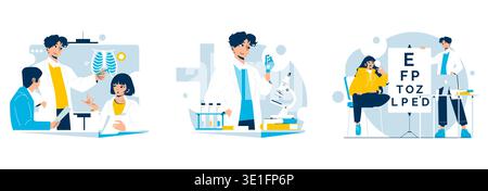 Vector illustration depicting healthcare professionals in various medical scenarios, including analyzing X-rays, conducting lab tests with a microscope, and performing an eye exam with a chart. Stock Vector