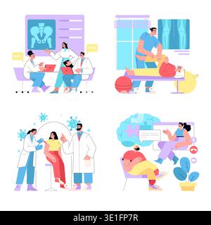 Vector illustration depicting medical professionals engaged in collaborative discussions, physiotherapy sessions, vaccination administration, and online consultations, showcasing diverse healthcare practices. Stock Vector