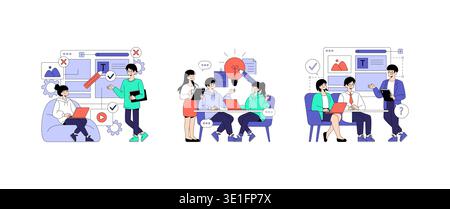 Vector illustration showcasing team collaboration in various professional settings. People discussing ideas, working on laptops, and presenting concepts, illustrating effective teamwork and communication. Stock Vector