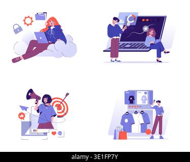 Vector illustration set depicting various online activities including cloud computing, data analysis, digital marketing, and e-commerce. People are engaged in tech-related tasks, showcasing diverse online interactions and expressions. Stock Vector
