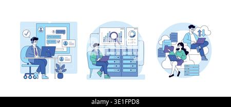 Vector illustration depicting professionals engaging in IT tasks using laptops. Scenes include technical support, data analysis, and cloud computing, highlighting technology-driven collaboration. Stock Vector