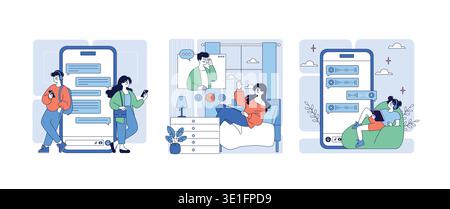Vector illustration depicting people engaged in digital communication through chatting, video calls, and listening to messages. Highlights modern technology and connectivity in everyday life. Stock Vector