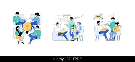 Vector illustration depicting a group of people engaging in a collaborative discussion. The image highlights teamwork, communication, and productivity, featuring charts and checklists. Stock Vector