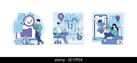 Vector illustration depicting three scenes of AI integration in workflow. Features a person analyzing documents, robot collaboration in programming, and digital learning interaction. Stock Vector