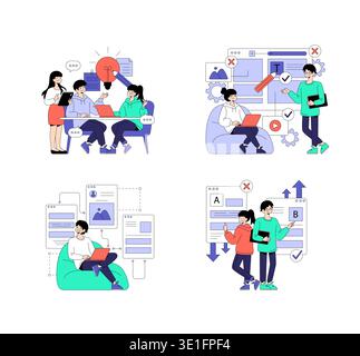 Vector illustration depicts teams collaborating and brainstorming on digital projects, including content creation and design. Features diverse people engaging in teamwork with laptops and notes. Stock Vector
