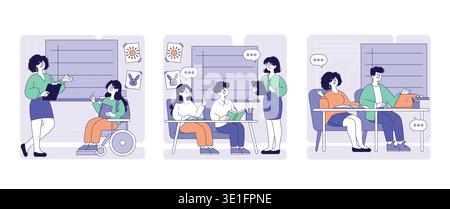 Vector illustration of a diverse group of people engaged in collaborative discussions. A woman presents ideas while others, including a person in a wheelchair, actively participate with books and laptops. Stock Vector