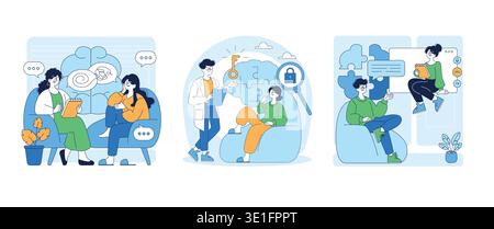Illustrative vector art depicts people brainstorming and discussing team collaboration strategies. The scene shows a collaborative approach to solving problems and sharing ideas. Stock Vector