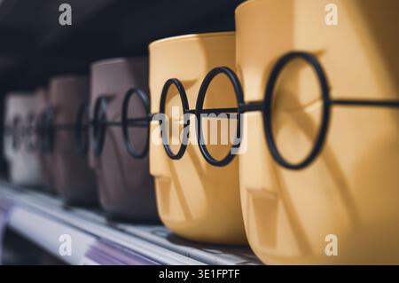 colorful plastic flower pots stand in a row on a shelf. High quality photo Stock Photo