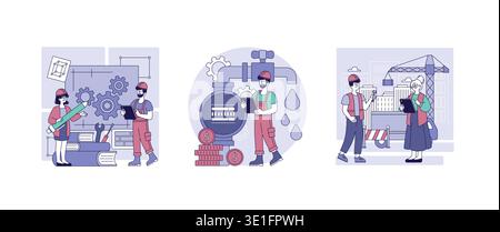 Engineers in conversation over construction plans, industrial equipment, and construction site planning, highlighting teamwork and technical collaboration in this vector illustration. Stock Vector