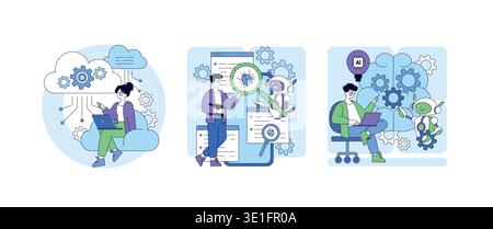 Vector illustration of people interacting with technology, exploring cloud computing, debugging software, and working with AI. Depicts digital collaboration and innovation in tech environments. Stock Vector