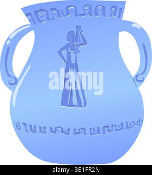 Antique curved glazed blue vase patterns. Vector illustrationAntique blue curved glazed blue vase patterns. The image on the vase shows a long-haired Stock Vector