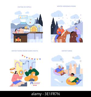 A collection of vector illustrations depicting various winter activities. Includes scenes of visiting ice hotels, winter horseback riding, cozy board game nights, and adventurous tubing in snowy settings. Stock Vector