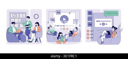 Vector illustration of online learning and collaboration showing people interacting with digital media. Activities include reading, using a laptop, and playing with a child, depicting a modern learning environment. Stock Vector