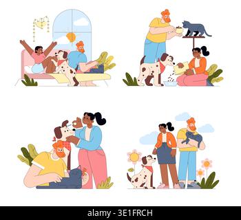 Vector illustration shows a family enjoying quality time with their pets. Scenes include playing, feeding, and walking with their dog and cat, highlighting joy and companionship. Stock Vector