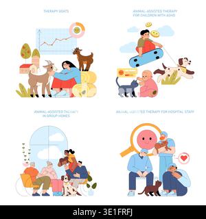 Vector illustration depicting various scenarios of animal-assisted therapy. People interacting with animals such as goats and dogs, showcasing therapeutic benefits and positive engagement. Stock Vector