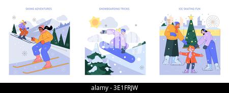 Winter sports illustration featuring skiing, snowboarding, and ice skating. Vibrant imagery captures people skiing down a snowy hill, snowboarding tricks, and a family enjoying a skating rink. Stock Vector