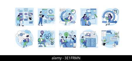 Vector illustration of individuals engaged in technology workflows with AI elements. Depicts scenes of collaboration, coding, and automation in a modern workspace setting. Stock Vector