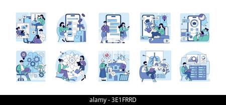 Vector set depicting various modern education and technology themes, including online learning, e-commerce, AI innovation, and renewable energy. Characters interact with digital devices and AI tools. Stock Vector