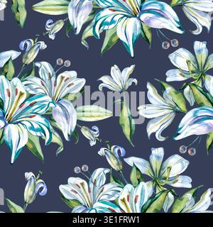 Elegant hand drawn watercolor seamless pattern featuring white and blue lily flower bouquets with green leaves. This botanical floral texture is Stock Photo