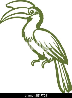 Detailed line illustration of a long billed tropical bird standing in side view with a curved beak and extended tail feathers. Stock Vector