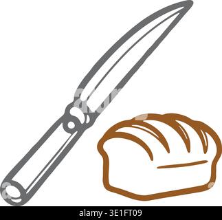 Detailed line illustration of a sliced loaf of bread placed beside a simple table knife. Stock Vector