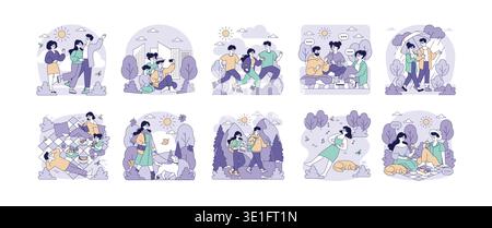 Vector illustration set showing people enjoying outdoor activities. Scenes include biking, hiking, and picnicking, capturing joyful interactions in different natural settings. Stock Vector