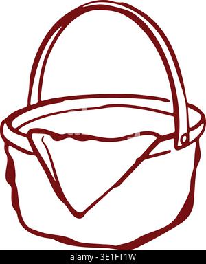 Detailed line illustration of a rounded basket or pail with an upright handle and a folded cloth hanging over the rim. Stock Vector