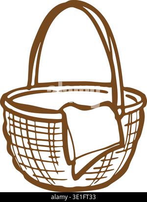 Detailed line illustration of a woven basket with an arched handle and a folded cloth draped over the front. Stock Vector
