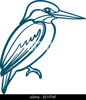 Detailed line illustration of a long beaked bird standing in side view with folded wings and pointed bill. Stock Vector