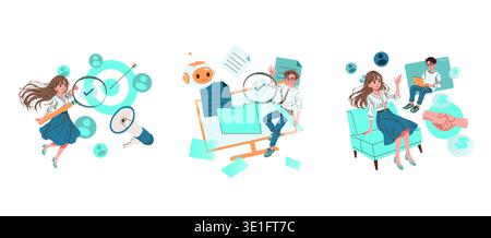 Vector illustration depicting business strategy and communication. Characters are shown analyzing targets, managing files with AI assistance, and engaging in business communication. Stock Vector