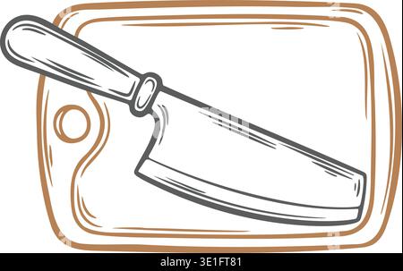 Detailed line illustration of a rectangular cutting board with a large butcher knife resting diagonally across the surface. Stock Vector