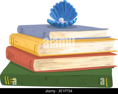 A stack of colorful books with a small seashell on top. In an open shell lies a white pearl. Vector illustration on the theme of the book and knowledg Stock Vector