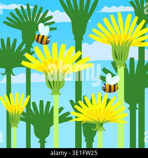 A beautiful background of blooming dandelions and bees flying nearby. Vector illustration Small fat bees do their business bee business swooping among Stock Vector