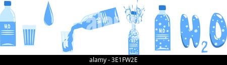 Vector illustration ICONS water in bottles and a glass. bottled water with and without gas. One of the bottles shoots a cap. Stock Vector