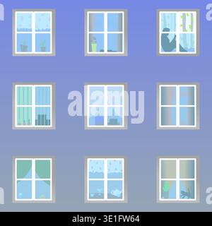 Illustration of the window of an apartment building where you can see residents cats curtains flowers and other household items standing not far from Stock Vector