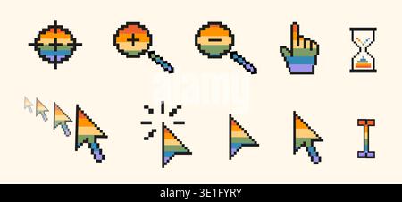 Pixel art retro computer cursor icon set in rainbow pride colors. Inclusive 8-bit nostalgic LGBTQ UI elements. Mouse pointers, hourglass, magnifying Stock Vector