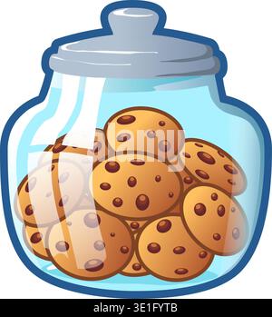 Biscuit cookies with chocolate sit in a pile in a glass cookie jar. Vector illustration jar filled with chocolate chip cookies Stock Vector