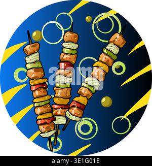 Barbecue on sticks with vegetables and spices on the background of onion rings and blue gradient filling in a circle. Vector illustration colored vege Stock Vector