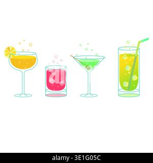 Neon cocktails alcoholic beverages or soda in different glasses and glasses. Vector illustration several glasses of wine glasses with red yellow and g Stock Vector