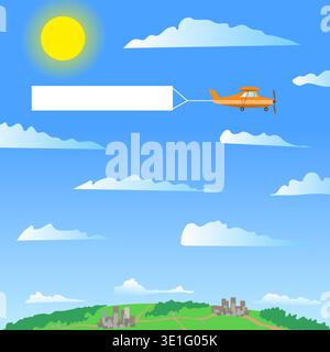 A plane with a banner flies over cities and forests. At the bottom, the cities are connected by a road, and in the sky there is the sun and light clou Stock Vector
