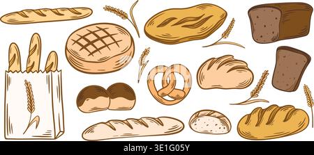 Hand drawn set of baked goods. Dark rye bread, loaf, baguette, buns, pretzels, loaves of bread and ears of grain. Bakery illustrations, clip art Stock Vector