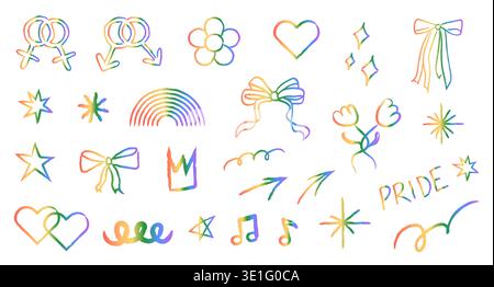 Whimsical LGBTQ pride rainbow gradient icon set with hand-drawn hearts, bows, stars, and gender symbols. Vibrant inclusive doodle collection for queer Stock Vector
