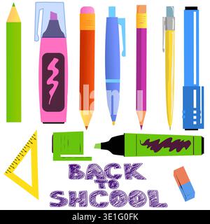 pens, pencils and markers of different colors for school and stationery needs. Vector illustration writing instruments, ballpoint pens pencils, eraser Stock Vector